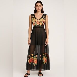 Biya Johnny Was Black Sheer Overlay Floral Silk Patchwork Maxi Dress Size Medium